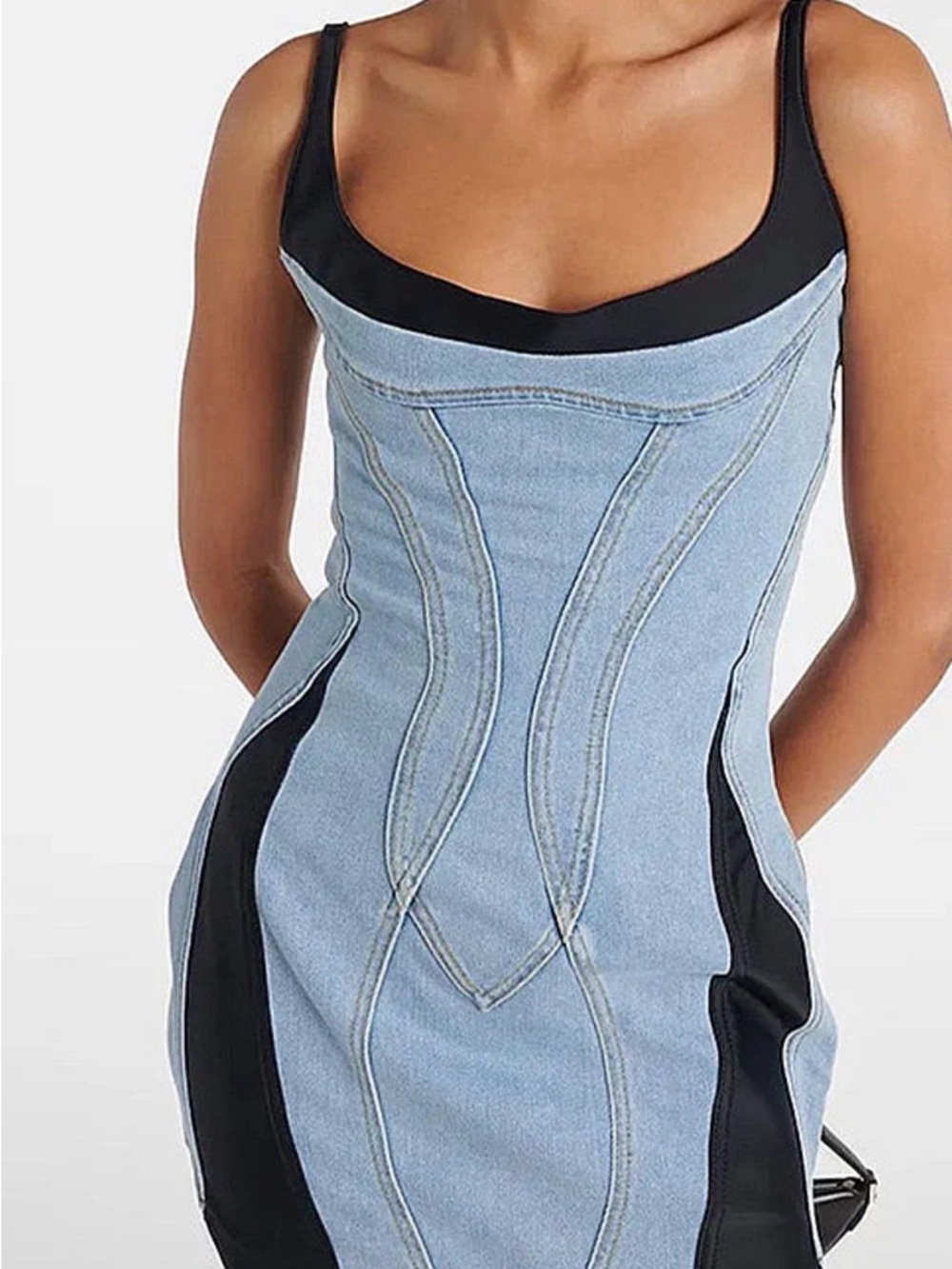 Denim Panel Mini Dress with Black Side Insets - Picture 3 of 5